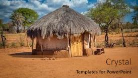  Presentation with village - Colorful slide deck enhanced with african-traditional-hut backdrop and a gold colored foreground