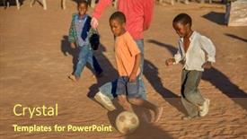  Presentation with young children playing - PPT theme with african-village-children-playing-football background and a tawny brown colored foreground