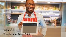  Presentation with restaurant waiter - Colorful presentation design enhanced with african-waiter-holds-empty-signboard backdrop and a coral colored foreground