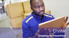  Presentation with warehouse - PPT layouts having african-warehouse-worker-using-tablet background and a navy blue colored foreground