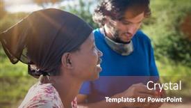  Presentation with working together - Presentation consisting of african-woman-and-caucasian-young background and a  colored foreground