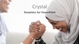  Presentation with wrestling - Slide deck having african woman arm wrestling conflict concept disagreement and confrontation wearing traditional islamic hijab clothes background and a white colored foreground