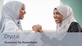  Presentation with wrestling - Audience pleasing PPT theme consisting of african woman arm wrestling conflict concept disagreement and confrontation wearing traditional islamic hijab clothes backdrop and a light gray colored foreground
