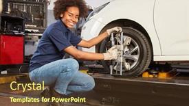  Presentation with apprentice - Theme with african-woman-as-a-mechatronics background and a tawny brown colored foreground