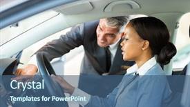  Presentation with car buying - Beautiful PPT theme featuring african woman buying a car backdrop and a ocean colored foreground