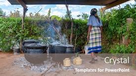  Presentation with village - Cool new slide deck with african-woman-cooking-in-few backdrop and a coral colored foreground