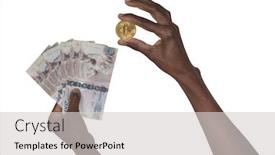  Presentation with bitcoins - Slide set consisting of african woman hands holding a stack of bitcoins and pula african currency background and a light gray colored foreground