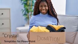  Presentation with african charity - PPT theme consisting of african-woman-holding-donations-box background and a coral colored foreground