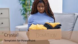  Presentation with african charity - PPT theme having african-woman-holding-donations-box background and a coral colored foreground