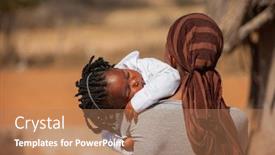  Presentation with village - Slides having african-woman-in-a-village background and a coral colored foreground