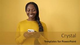  Presentation with smartphone - PPT theme with african-woman-smiling-using-smartphone background and a  colored foreground