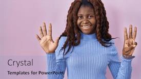  Presentation with eight - Slide deck having african-woman-standing-over-pink background and a light blue colored foreground