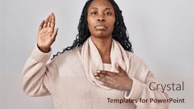  Presentation with floral border over white - Slide set featuring african-woman-standing-over-white background and a soft green colored foreground