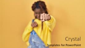  Presentation with woman fighting for her rights - Slide deck with african-woman-standing-over-yellow background and a yellow colored foreground