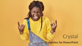  Presentation with rock music - PPT theme consisting of african-woman-standing-over-yellow background and a yellow colored foreground