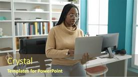  Presentation with university library - Slide set having african-woman-using-laptop background and a tawny brown colored foreground