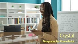  Presentation with maths - PPT theme featuring african-woman-using-smartphone-studying background and a tawny brown colored foreground
