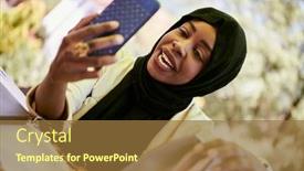  Presentation with african woman - PPT theme with african-woman-using-smartphone-wearing background and a tawny brown colored foreground