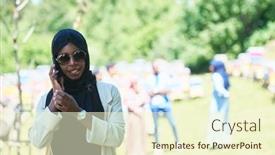  Presentation with islamic - Presentation theme consisting of african-woman-using-smartphone-wearing background and a cream colored foreground