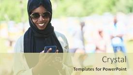  Presentation with smartphone - Presentation theme consisting of african-woman-using-smartphone-wearing background and a soft green colored foreground
