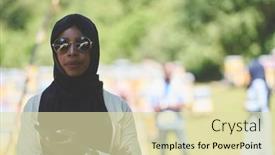  Presentation with islamic - Amazing PPT theme having african-woman-using-smartphone-wearing backdrop and a soft green colored foreground