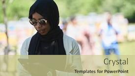  Presentation with islamic - Presentation with african-woman-using-smartphone-wearing background and a soft green colored foreground