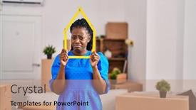  Presentation with new home - Presentation theme enhanced with african-woman-with-braided-hair background and a coral colored foreground