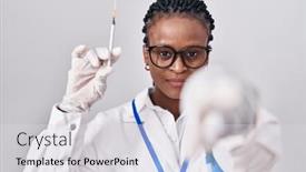  Presentation with syringe - PPT theme with african-woman-with-braids-holding background and a light gray colored foreground