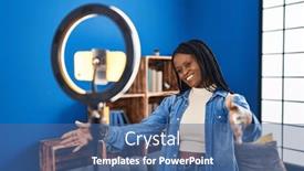  Presentation with home security camera - Slide set featuring african-woman-with-braids-recording background and a ocean colored foreground