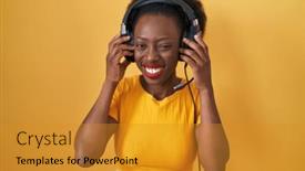  Presentation with yellow music - Slide deck with african-woman-with-curly-hair background and a gold colored foreground