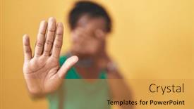  Presentation with sad woman - Slide deck with african-woman-with-dreadlocks-standing background and a gold colored foreground