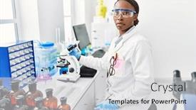  Presentation with attitude - PPT layouts enhanced with african-woman-working-at-scientist background and a light gray colored foreground