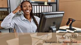  Presentation with great idea - PPT theme consisting of african-woman-working background and a coral colored foreground