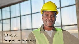  Presentation with worker - Slide deck with african-worker-or-warehouse-worker background and a coral colored foreground