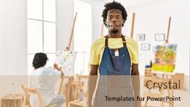  Presentation with art - Slide deck consisting of african-young-man-standing background and a coral colored foreground