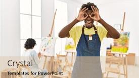  Presentation with art - Presentation design consisting of african-young-man-standing background and a  colored foreground