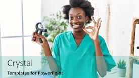  Presentation with muscle - Slide set consisting of african-young-physiotherapist-woman-holding background and a teal colored foreground