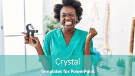  Presentation with physiotherapist - Presentation design having african-young-physiotherapist-woman-holding background and a teal colored foreground