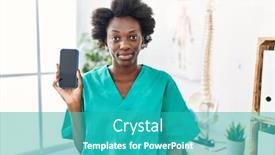  Presentation with physiotherapist - Presentation theme consisting of african-young-physiotherapist-woman-working background and a teal colored foreground