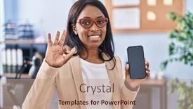  Presentation with smartphone - Presentation featuring african-young-woman-holding-smartphone background and a coral colored foreground