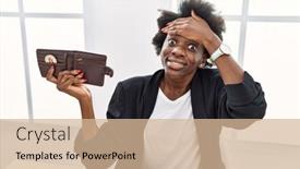  Presentation with virtual hand - Theme having african-young-woman-holding-wallet background and a coral colored foreground