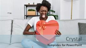  Presentation with romantic gift - PPT layouts featuring african-young-woman-opening-romantic background and a light blue colored foreground