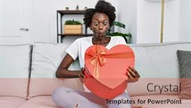  Presentation with romantic gift - PPT layouts enhanced with african-young-woman-opening-romantic background and a coral colored foreground