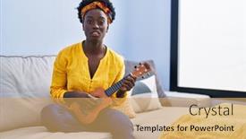  Presentation with ukulele - Presentation theme featuring african-young-woman-playing-ukulele background and a yellow colored foreground