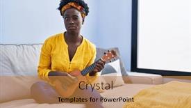  Presentation with ukulele - Slide set featuring african-young-woman-playing-ukulele background and a gold colored foreground