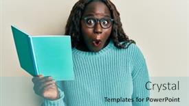  Presentation with book glasses - Colorful PPT layouts enhanced with african-young-woman-reading backdrop and a seafoam green colored foreground