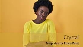  Presentation with woman sad - Presentation design enhanced with african-young-woman-standing-over background and a  colored foreground