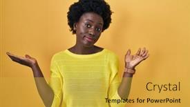  Presentation with woman hands raised to sky - Slide deck enhanced with african-young-woman-standing-over background and a yellow colored foreground