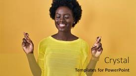 Presentation with woman praying over bible - Slides with african-young-woman-standing-over background and a yellow colored foreground