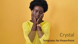  Presentation with sadness - Slide set featuring african-young-woman-standing-over background and a gold colored foreground